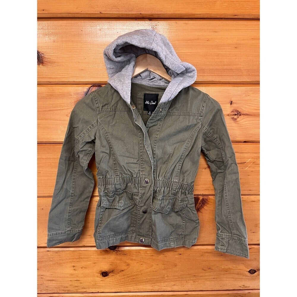 Me Jane -  Green Jacket with Gray Cotton Hooded - Snap on Front Girls Size 10